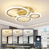 Modern ceiling light fixture with smartphone app control and remote in a living room setting.